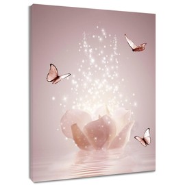 ECOTOB Zen Pink Floral Butterfly Canvas Wall Art - Serene Stone Abstract Painting for Spa Bathroom Decor, Yoga Studio, Modern Bedroom Wall Decor - 16L x 12W Inches