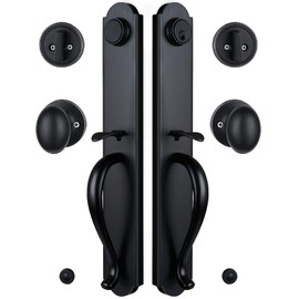 HISAFE Double Door Handle Set for Front Door, Matte Black Keyed&Dummy Exterior Door Lockset with Deadbolt, Reversible for Right&Left Handed