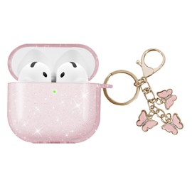 AIIEKZ Compatible with AirPods 4 Case Cover 2024, Soft TPU Case for AirPods 4th Generation with Cute Butterfly Keychain for Girls Women (Glitter Pink)