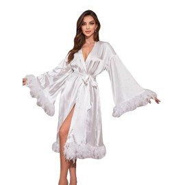 WDIRARA Women's Long Sleeve Satin Fuzzy Trim Bridesmaid Robe - White