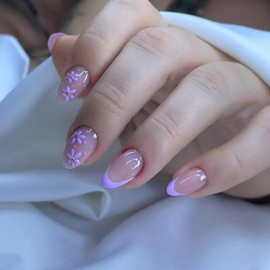 Purple French Tip Press on Nails Flower Fake Nails Short Almond False Nails with Design Nude Glue on Nails Glossy Artificial Acrylic Full Cover Lilac Floral Stick on Nails for Women Manicure 24Pcs