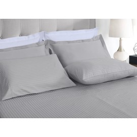 Threadmill Home Linen 600 Thread Count King Size Sheets Set - 1CM Damask Stripe 100% ELS Cotton Sheets for King Size Bed Luxury Hemstitch 4 Piece Set with Elasticized Deep Pocket Smooth Sateen, Silver