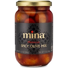 Mina Spicy Olive Mix, 12.5 oz – Premium Handpicked Moroccan Olives with Red Chili Pepper Harissa, Keto Friendly Spicy Olives, Low Carb, Vegan, Gluten Free Healthy Snacks