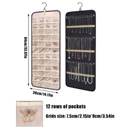 12 row hanging jewelry organizer with metal hooks, double-sided storage, waterproof PVC material, suitable for earrings, necklaces, rings on cabinets, walls, doors