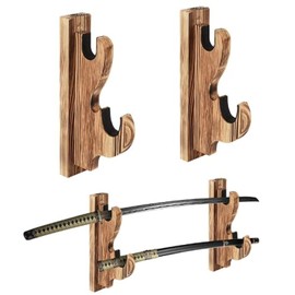 Shankala Upscale Hook Sword Stand - Two-Layer Wall Mounted Samurai Sword Hanger for Katana, Wakizashi & Tanto Weapon Rack - Solid Wood Color