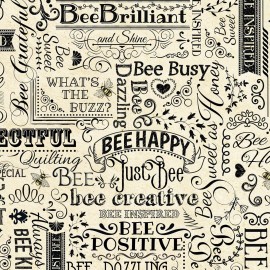 Timeless Treasures Fabric BTY Bee Happy & Positive Words on Natural Cotton Fabric By The Yard C7172