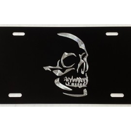 Skull New Logo Car Tag Diamond Etched on Black Aluminum License Plate