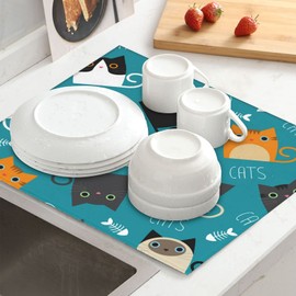 Perinsto Cute Cats Pattern Dish Drying Mat 16 X 18 Inch, Funny Cartoon Kitten Anianls Kitchen Counter Drainer Mats Dishes Dry Pad Protector Rack Mat, Absorbent Reversible