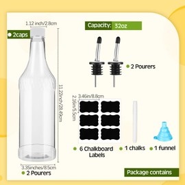 Dandat 4 Pcs 32 oz Plastic Long Neck Bottles with Pourer and Caps Plastic Juice Pour Bottles with Stainless Steel Bottle Pourer Tapered Spout for Liquor Juice 4 Bottles and 4 Pourers (Silver)