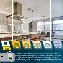 SUNPERIAN 12-Pack 3 Inch Ultra-Thin LED Recessed Lighting with Junction Box, 5 Color Options 2700K/3000K/3500K/4000K/5000K, 8W, 540 Lumens, Dimmable Wafer Lights, Wet Rated, IC Rated, ETL Listed