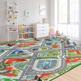 Large Kids Carpet Play Mat Rug for Playroom, 60'' x 84'’ Car Rugs Mat for Kids Toy Cars, City Life with Road Traffic Playmat Rugs Great for Kids Bedroom Play Room Boy Room Decor, Grey