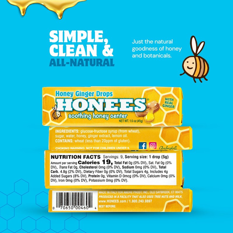 Honees Filled Honey Ginger Drops, Natural Cough Drops- Pure Ginger