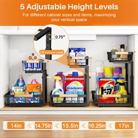 2 Pack Under Sink Organizer, Adjustable Height, 2 Tier Pull Out Cabinet Organizer with 4 Hanging Cups, 12 Hooks, Slide Out Under Sink Storage Shelf, Undersink Organizers Shelves for Kitchen Bathroom