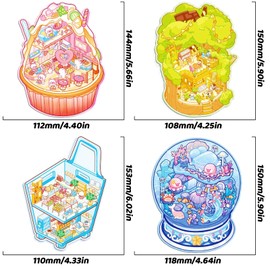 4 Sets DIY 3D Fun Mini Animal Theme House Sticker Scenes with Tweezers Make Your Own Marine Bakery Cat Cafe Supermarket Scene Stickers Cute Micro Room Stickers for Relief Stress Pass The Time