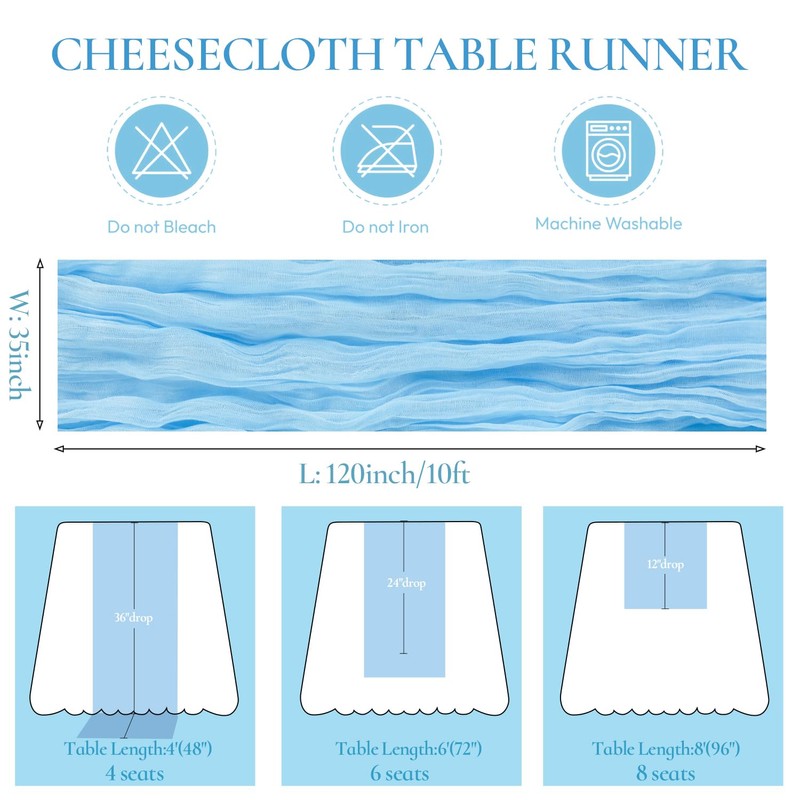 3 Pack Baby Blue Table Runner Boho Gauze Cheesecloth Table