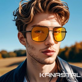 KANASTAL Black Night Driving Glasses Wide Mens Yellow Tinted Oversized Night Driving Large Square Womens Metal Polarised Headlight Glasses UV400 - Black Frame Yellow Lens
