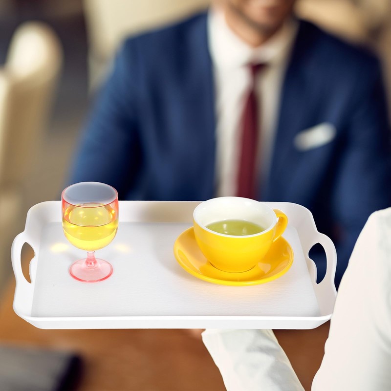 2 Pack Melamine Serving Trays with Handles, Large White Rectangular