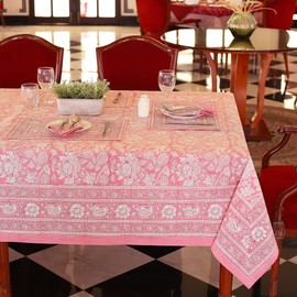 Labhanshi Indian Handblock Print Floral Table Cloth|100% Cotton Canvas Table Cover |60x90 Inch 6-Seater Rustic Farmhouse Boho Thanksgiving Christmas Festive Holiday Decor for Dining Table|Pink Rose