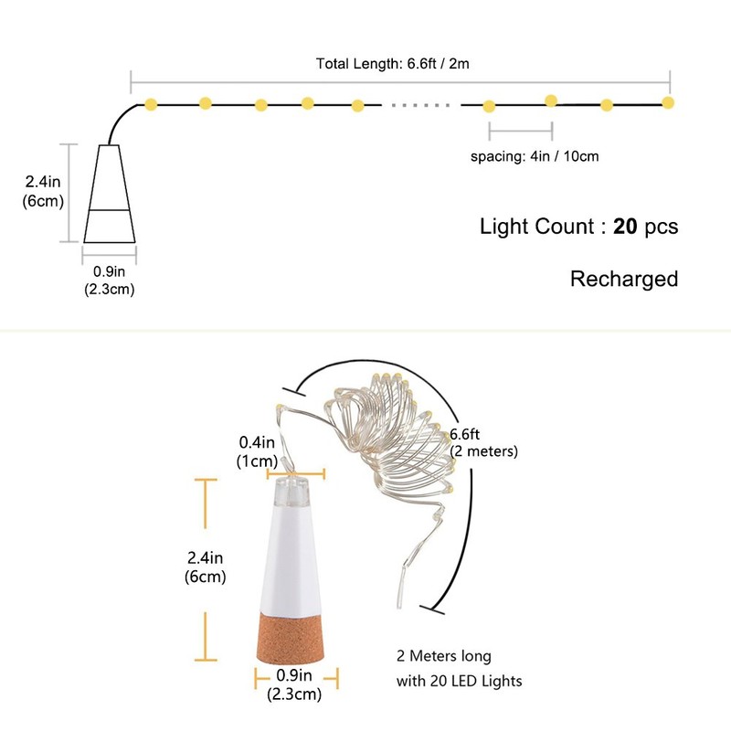 LED Sughero Bottiglia Luci, USB Alimentato Ricaricabile, 1.9 m 20