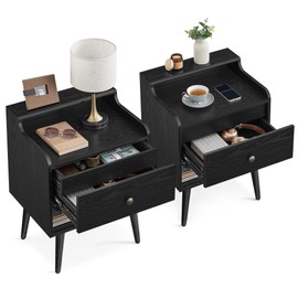 VASAGLE Nightstands, Set of 2, Bedside Tables with Hidden Drawers, Mid-Century End Tables with Solid Wood Legs, Side Tables for Bedroom, Ebony Black ULET624B01