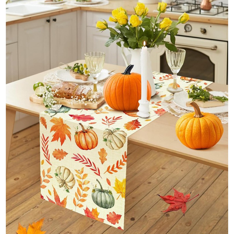 FurniGift Pumpkin Buffalo Plaid Fall Table Runner, Fall Maple Leaves