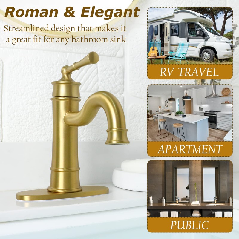 Roman Bathroom Sink Faucet Brushed Gold Single Hole Deck-Mount Pop-up