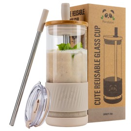 Pandaloo® Glass Cups With Lids and Straws -20 Fl Oz- Perfect Size Iced Coffee Cup - Smoothie Cup With Bamboo Lid and On the go Lid (Creamy Mushroom, 1 Count (Pack of 1)