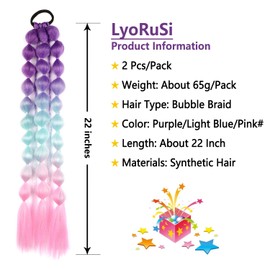 LyoRuSi 2 Pcs 22 Inch Lightweight Bubble Ponytail Extensions, Colored Braids Hair Extensions with Hair Tie, Crazy Hair Day, Festival Rave Accessories for Girls (Purple/Light Blue/Pink#)