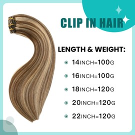 SURNEL Clip in Human Hair Extensions 14 Inch 6pcs 100g Piano Color Chocolate Brown and Caramel Blonde Real Human Hair Extensions Clip in (#4P27,14'')