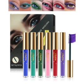6 Colors Waterproof Mascara Set, Pink Purple Blue Red Green Colored Mascara for Eyelashes, Long Lasting Mascara Volume and Length, Highly Pigmented Colorful Mascara Eye Makeup Set for Cosplay Stage-C