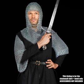 Mythrojan Chainmail Shirt with Coif Medieval Knight Armor Costume Medieval Chain Mail Shirt and Coif Armour Set Reenactment Warrior Haubergeon Historical Chainmail Replica – Zinc Plated, Medium Size