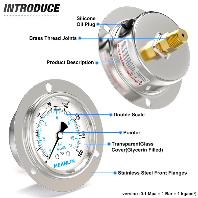 MEANLIN MEASURE 0~160Psi Liquid Filled Pressure Gauge Front Flange Panel