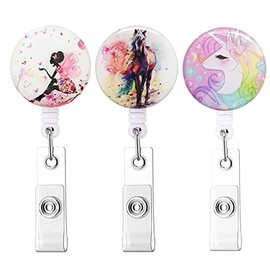 Retractable Badge Reel Clip, Badge Holder with Alligator Clip, Cute Badge Clip on ID Name Card Holders for Nurse Doctor and Office (3Pack Horse & Fairy)