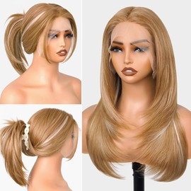Aminow Honey Blonde 13x6 Lace Front Wig Synthetic HUMAN-HAIR-TOUCH Layered Straight Lace Frontal Wig Pre Plucked Glueless Highlight Long Blonde Wig for Women 22 Inch