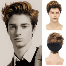 Siudus Mens Brown Short Wig Said Part Natural Layered Hair Wig Fluffy Heat Resistant Synthetic for Daily Use