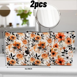 2 PCs Watercolor Flowers Makeup Bag, Floral Orange Cosmetic Bag, Friendship Gifts for Women Best Friend Mom Sisters Christmas Birthday Gifts Toiletry Bag