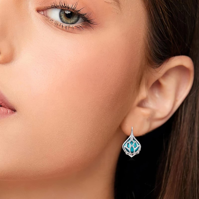BDL Lotus Genuine Turquoise Leverback Earrings Sterling Silver Dangle Drop