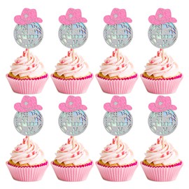 Cyodoos 24 Sparkling Disco Ball Cowboy Hat Cupcake Topper Western Disco Ball Paper Cupcake Topper Selection Birthday Disco 2000s Theme Party Single Women's Birthday Party Supplies Pink