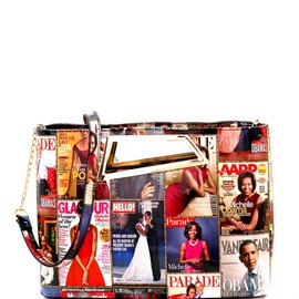 Trendeology Classy Michelle Obama Magazine Cover Print Vegan Leather Patent Large Cut-out Handle Clutch Purse (Metal Handle Square - Multi)