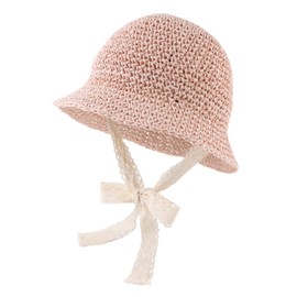 JANGANNSA Baby Girl Straw Hat Outdoor Baby Sun Protection Hats Summer Bowknot Beach Cap for Infant Toddler Girls(Lace Tie-Pink,2-5 Years)