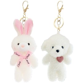 NHPY Pack of 2 Puppy/Rabbit Bag Charms, Bag Pendant Puppy/Rabbit, Puppy/Rabbit Plush Keychain Toy for Kids with Pink Heart 13 cm Stuffed Puppy/Rabbit Plush Backpack Bag Pendant Gift (2 Colour)
