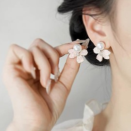 Crystal Flower Pearl Stud Earrings for Women Vintage Petal Rhinestone Dangle Earrings Pink Cz Gradient Color Drop Earrings Dainty Jewelry Gifts