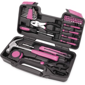 39 Piece All Purpose Basic Household Pink Tool Kit for Women - Small Tool Set with Toolbox Great for Home, Garage, Office and College Dormitory Use