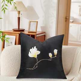European Luxury Velvet Throw Pillow Cover 18 x 18 Inch, Classic French Style Embroidered Flower & Branches Throw Pillow Cover, Black and White Decorative Soft Velvet Pillows for Couch Sofa Bedroom
