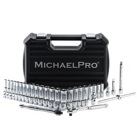 MichaelPro 50-Piece 3/8'' Dr. Socket Set, 90-Tooth Standard & Deep Sockets, SAE 3/8''- 13/16'' & Metric 8-22mm, with Extensions, 8'' Flex Handle, Sliding T-Bar, Universal Joint, CR-V Steel | MP005060
