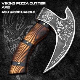 Viking Style Pizza Cutter Handmade Ulu Rocker Knife with Engraved Blade Durable Wooden Handle with Leather Grip Includes Leather Sheath (BLACK)