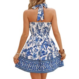 Floerns Women's Floral Print Sleeveless Halter Neck Tie Back Summer A Line Dress Blue and White Large