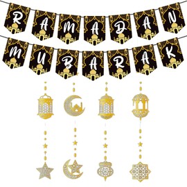 Ramadan Mubarak Garland Eid Decorations, Gold Ramadan Mubarak Banner Lantern Streamer Ramadan Hanging Decorations for Islam Festival Party Supplies, Ramadan Kareem Decor (Ramadan A)