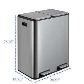 16 Gallon/60L Dual Kitchen Trash Can, 2x8 Gallon Step Garbage Can with Inner Wastebasket, Stainless Steel Rubbish Bins with Soft-Close Lid, Two Compartments Classified Recycle Bin for Kitchen