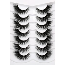 Pooplunch Fluffy False Eyelashes Cat Eye Lashes Winged Look 8D Dramatic 18MM Wispy Natural Crossed Fake Eyelashes Faux Mink Lashes 7 Pairs Pack